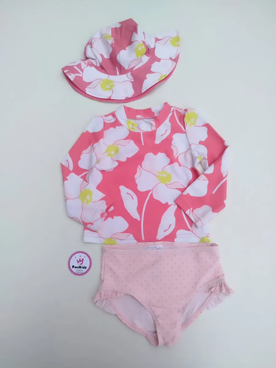 Traje de Baño 3pzas rosado flores mangas largas